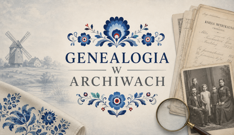 Napis Genealogia w archiwach i motywy kujawskie